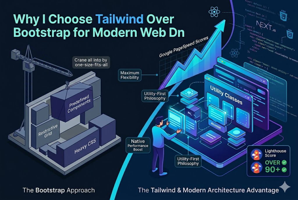 Why I Choose Tailwind Over Bootstrap for Modern Web Design Why I Choose Tailwind Over Bootstrap for Modern Web Design - Written by Uday K. Jasani, Senior Next.js & React Developer