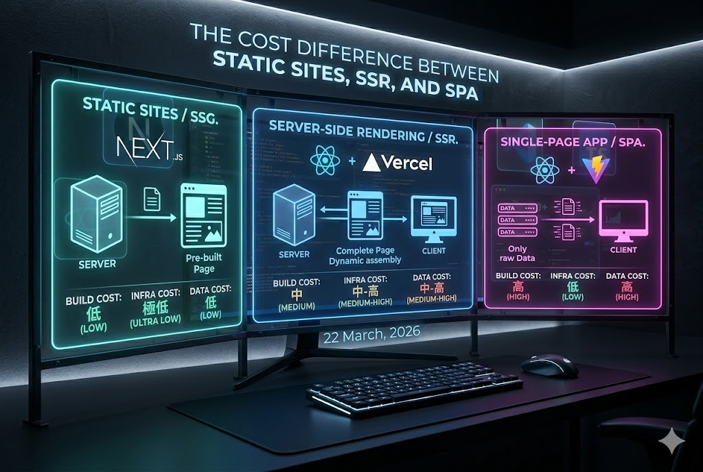 The Cost Difference Between Static Sites, SSR, and SPA The Cost Difference Between Static Sites, SSR, and SPA - Written by Uday K. Jasani, Senior Next.js & React Developer